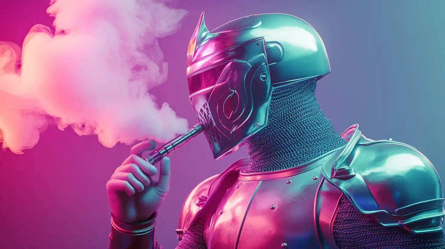 Un homme vêtu d'une armure futuriste inspirée du style médiéval, inhalant une puff avec de la vapeur colorée, symbolisant l'évolution et l'impact des puffs sur le marché.