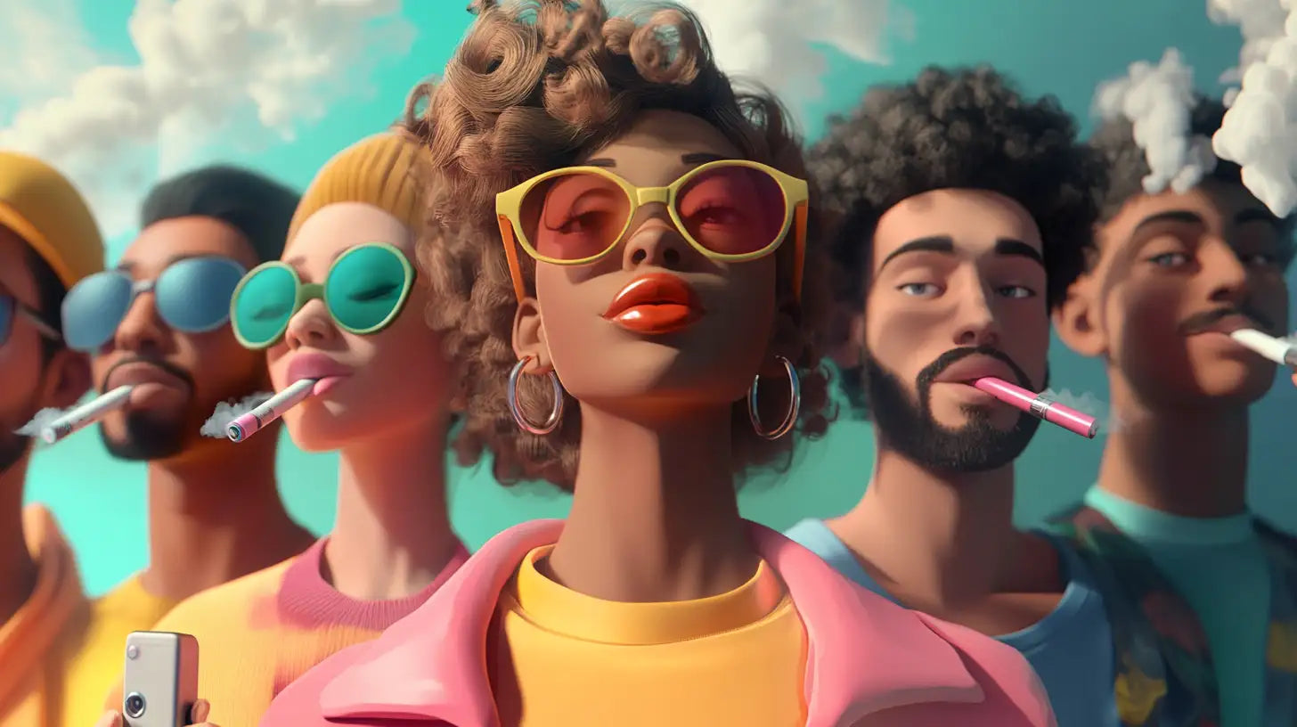 Illustration stylisée d'un groupe de jeunes adultes branchés, chacun tenant une puff colorée à la bouche, avec des lunettes de soleil et des vêtements tendance, illustrant la popularité croissante des puffs dans la culture actuelle.