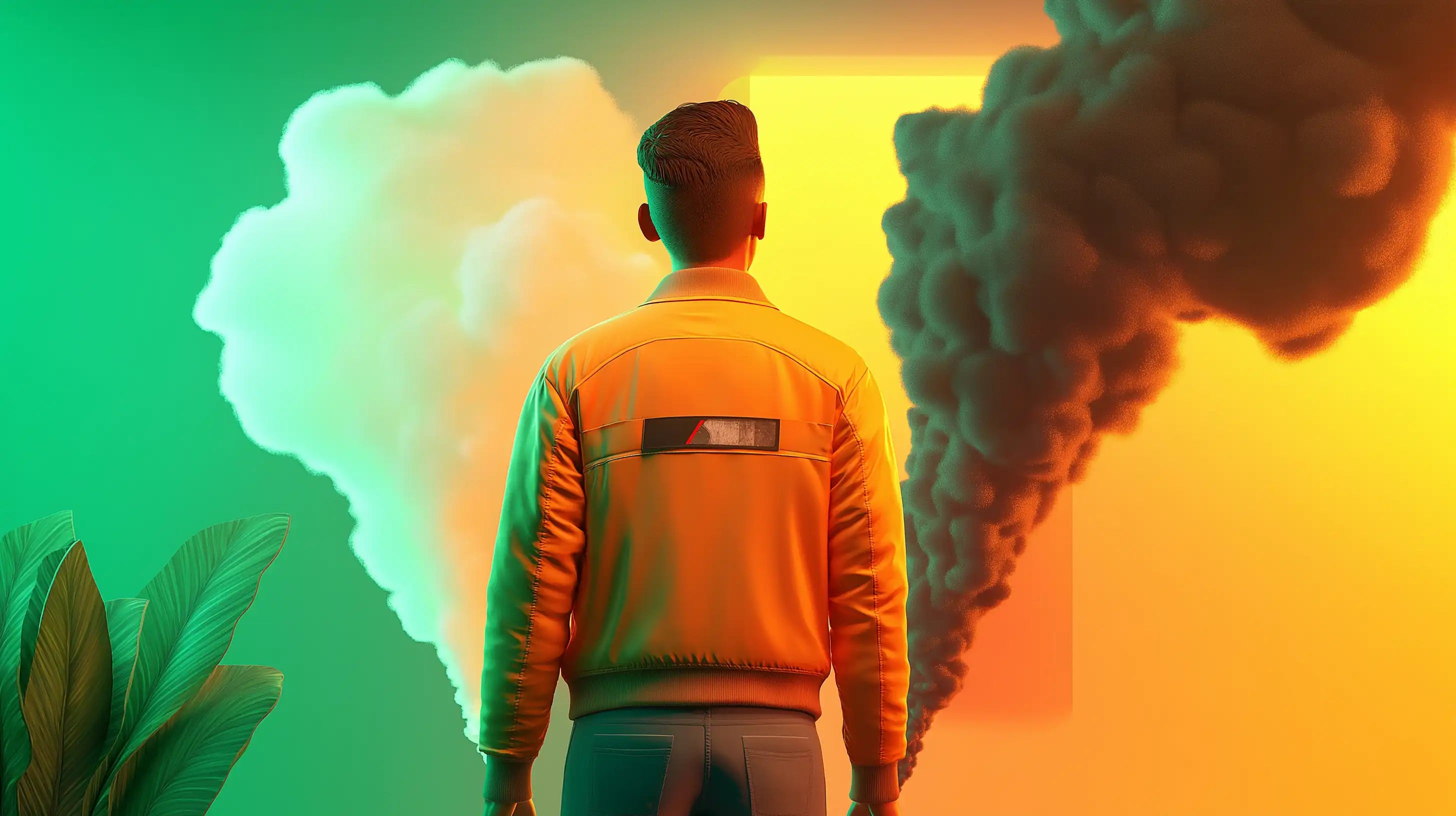 Un homme vu de dos, portant une veste orange, se tenant entre deux nuages de vapeur contrastés, l'un vert et l'autre orange, symbolisant les avantages et les inconvénients des puffs.