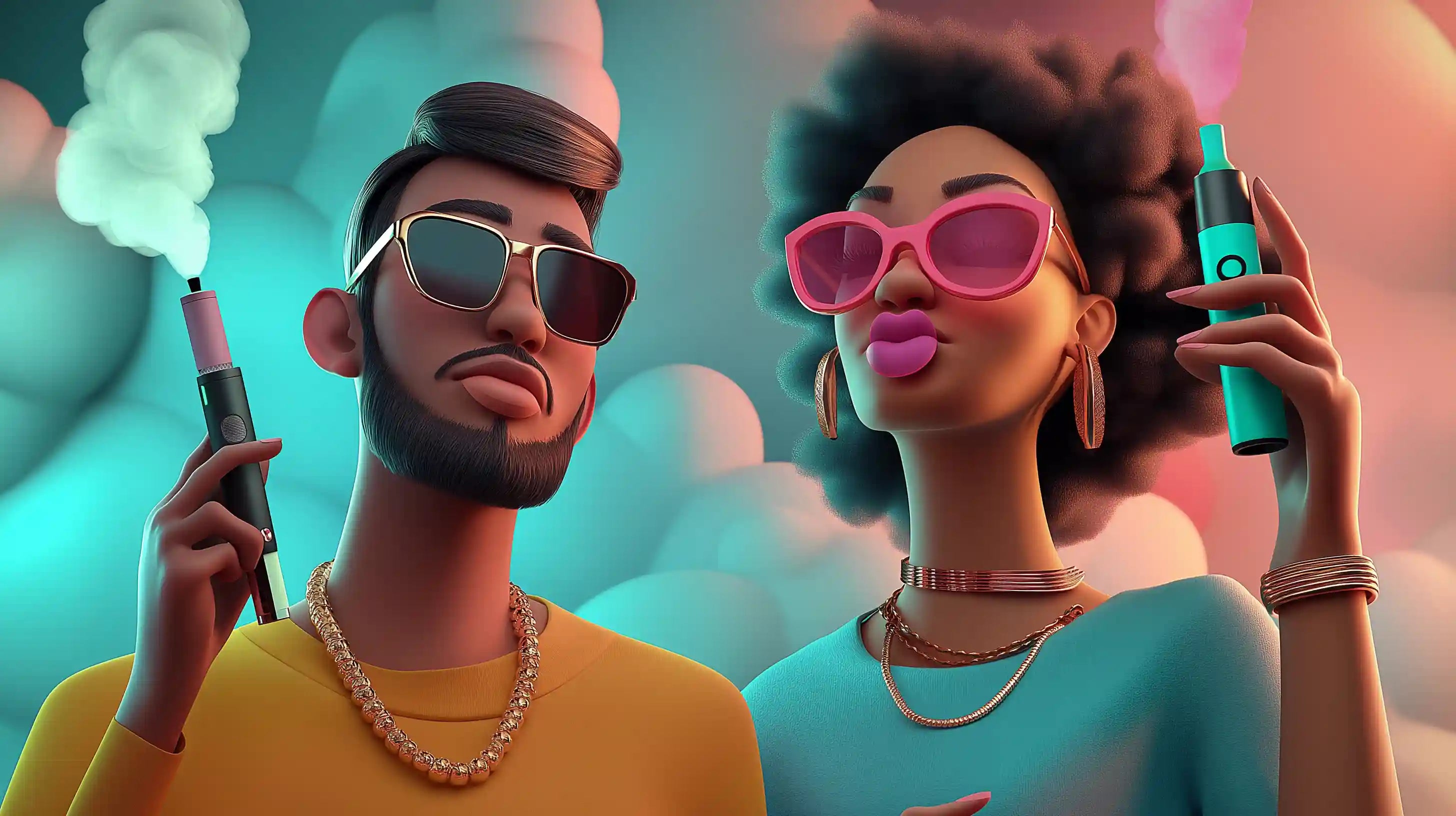 Illustration de deux personnes stylisées, un homme et une femme portant des lunettes de soleil, tenant respectivement une puff et une cigarette électronique classique, entourés de nuages de vapeur, illustrant la comparaison entre ces deux dispositifs.