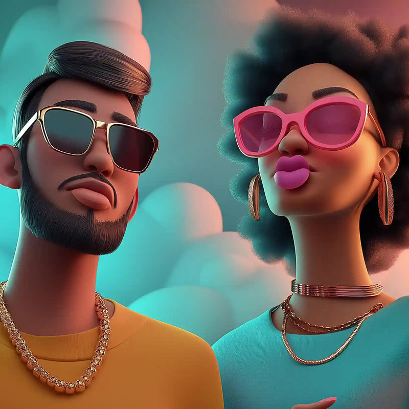 Illustration de deux personnes stylisées, un homme et une femme portant des lunettes de soleil, tenant respectivement une puff et une cigarette électronique classique, entourés de nuages de vapeur, illustrant la comparaison entre ces deux dispositifs.